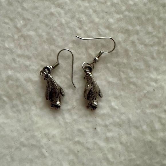 Penguin Earrings, Silver Tone, 3-D, Pierced wires - Picture 2 of 3